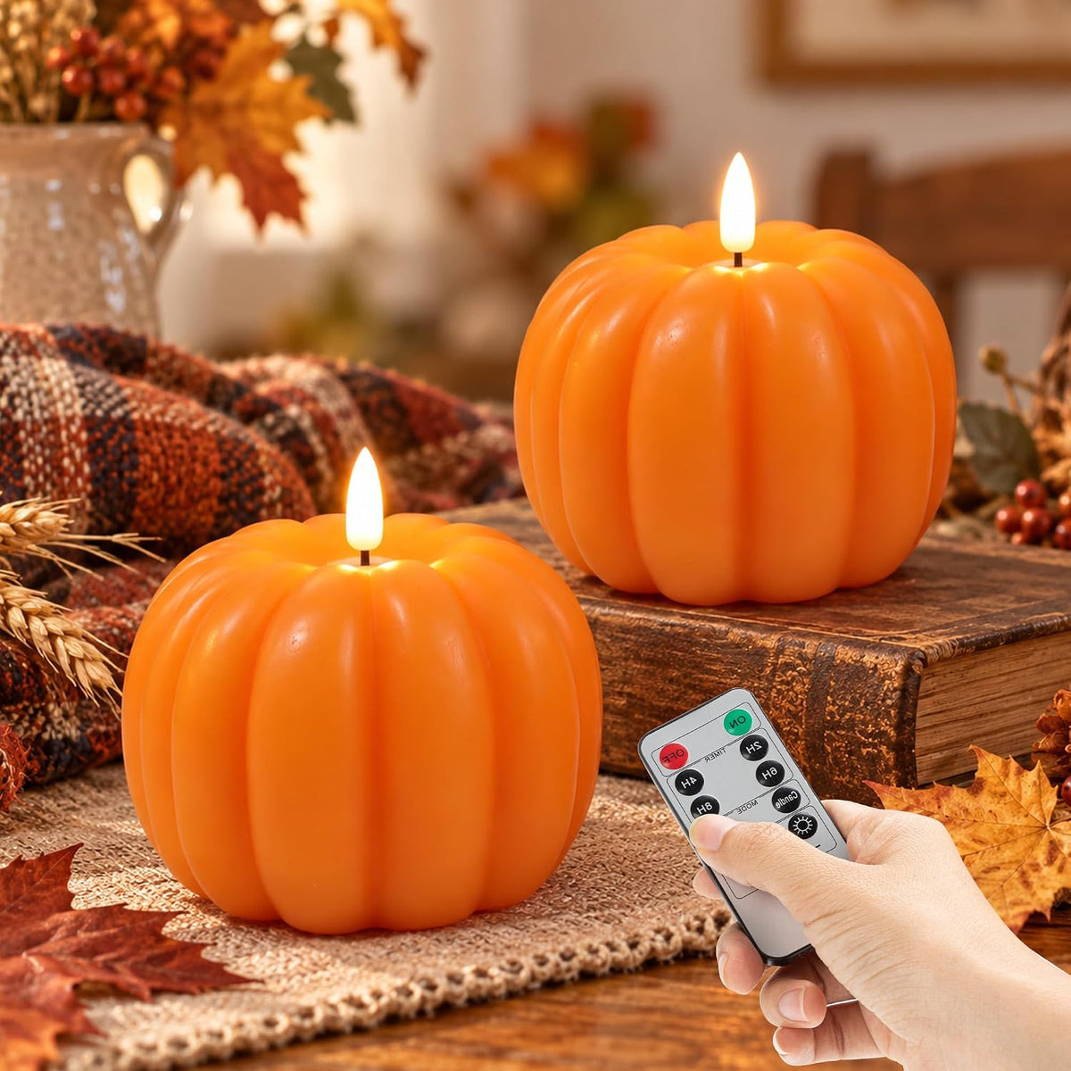 Fall Decor Pumpkin Flameless Candles Remote LED Candles Orange Set of 2