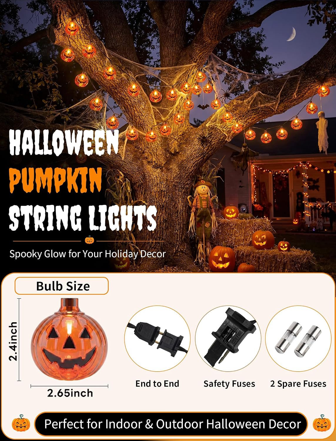 8.5FT Pumpkin String Lights with 10 Bulbs for Halloween Outdoor Decor Party