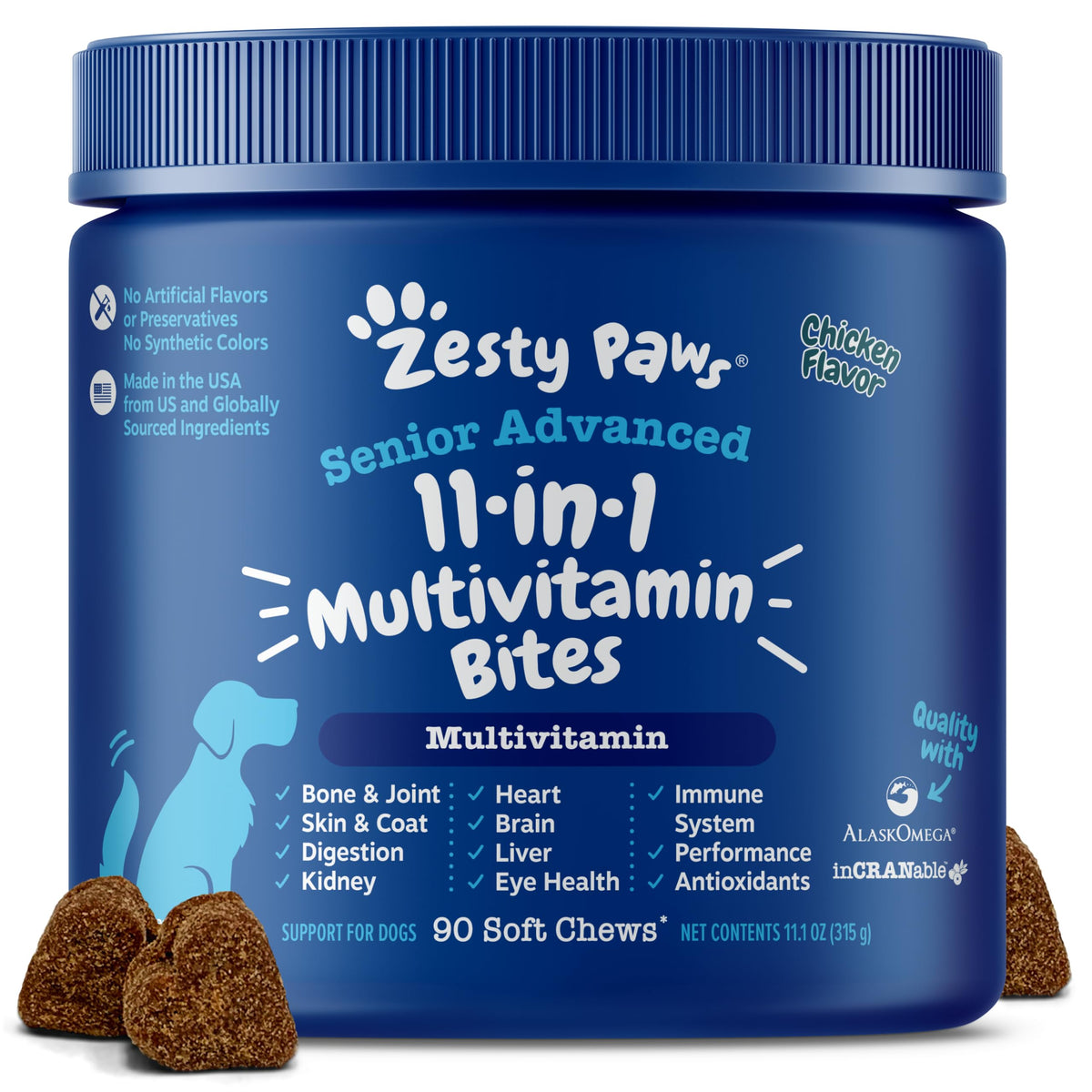 Zesty Paws Dog Multivitamin, Chewable Dog Vitamins and Supplements for Hip & Joints, Skin & Coat, Omega 3 Fish Oil for Dogs- Senior & Puppy Multivitamin- Chicken- 90ct