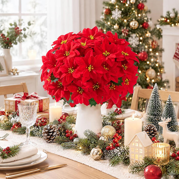 6 Pack Poinsettias Artificial Christmas Flowers Fake Red Poinsettias Flower
