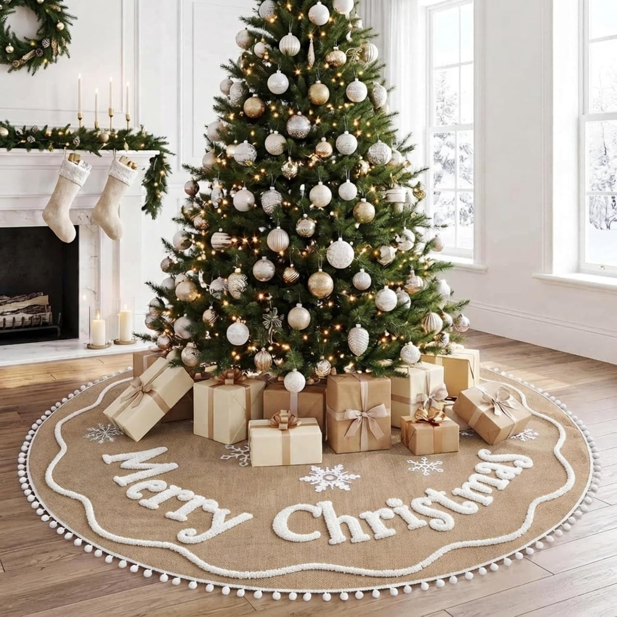 Burlap Christmas Tree Skirt Khaki Embroidered Christmas Tree Mat