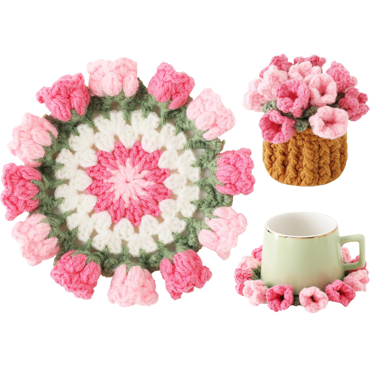 Crochet Flower Coasters, Handmade Bouquet Coasters with Crochet Plant Pot (Sunflower Yellow, 1Pc)