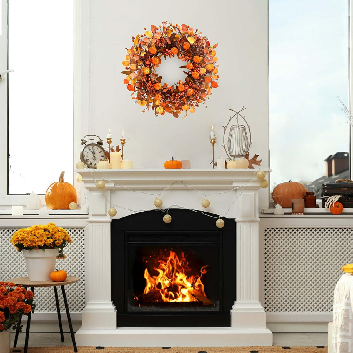 Fall Wreath 22 Inch Fall Wreaths for Front Door Autumn Pumpkin Wreaths with Orange Eucalyptus Leaves and Berries for Indoor Outdoor Thanksgiving Harvest Festival Celebrations