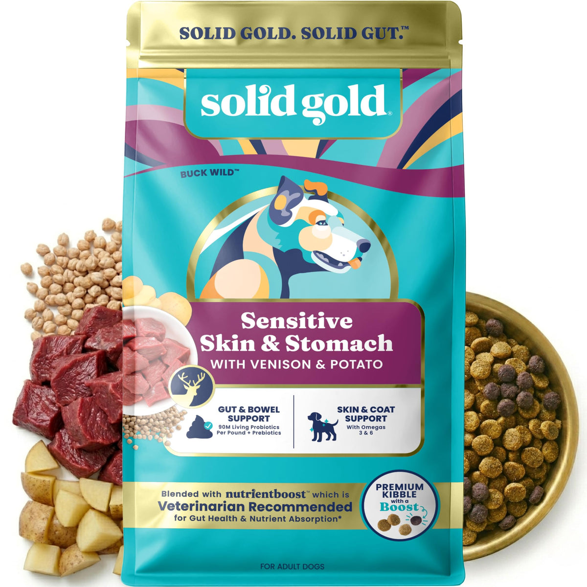 Solid Gold Bison Dry Dog Food for Large Dogs – High Protein, Whole Grain Kibble with Real Bison, Brown Rice & Omega 3 – Large Kibble w/Probiotics for Gut Health - Adult Dog Food - Nutrientboost™–22LB