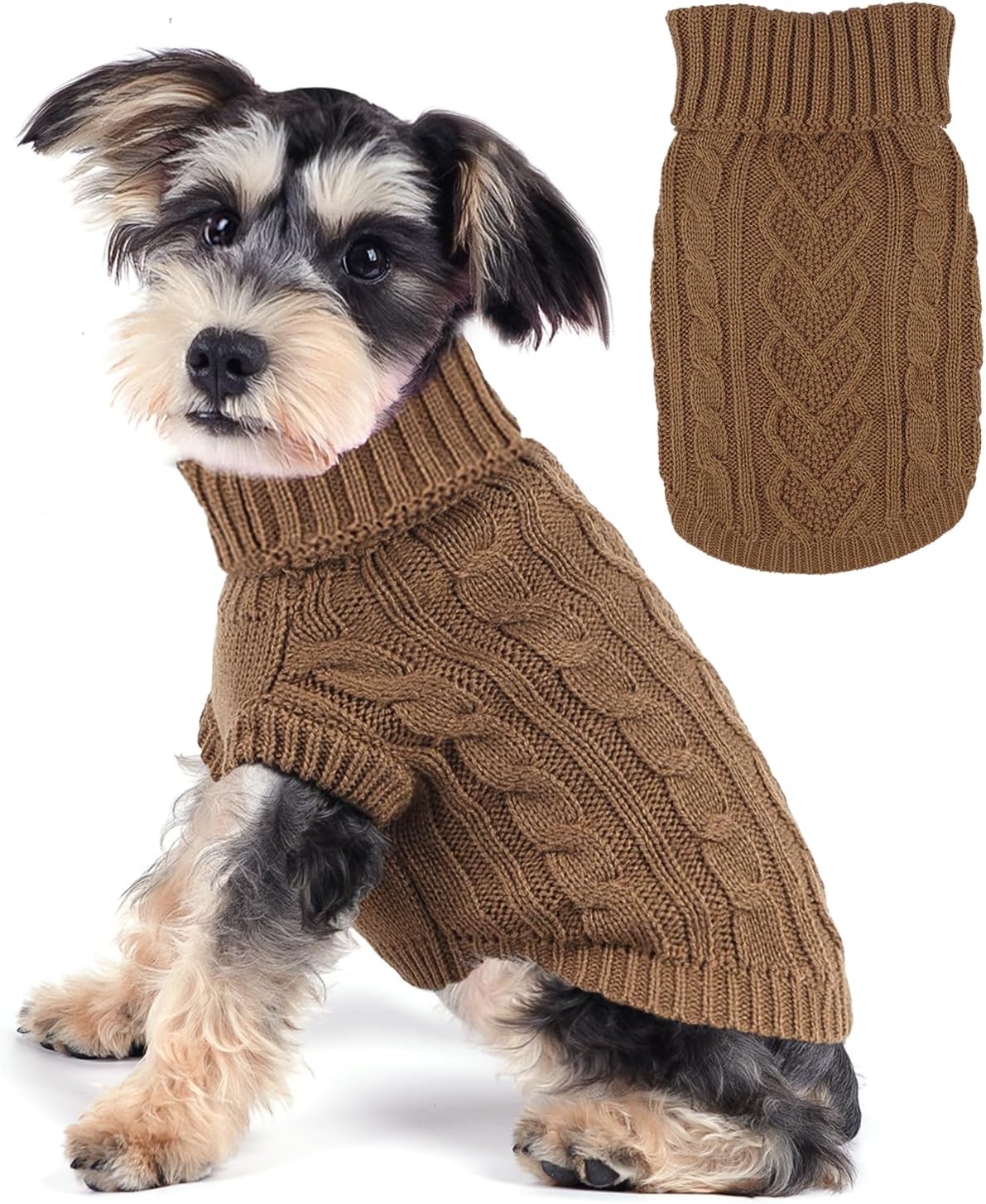 Dog Sweaters for Small Dogs Small Dog Clothes for Winter Solid Knitted Puppy Clothes Warm Turtleneck Doggy Coat Pullover Pet Cat Sweater with Heart-Shape Design(Khaki, X-Small)