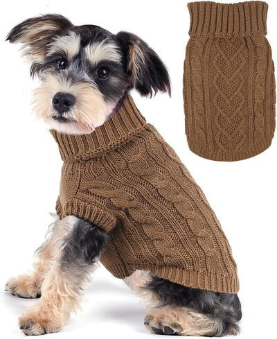 Dog Sweaters for Small Dogs Small Dog Clothes for Winter Solid Knitted Puppy Clothes Warm Turtleneck Doggy Coat Pullover Pet Cat Sweater with Heart-Shape Design(Khaki, X-Small)