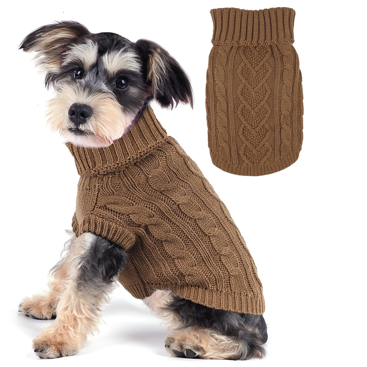 Dog Sweaters for Small Dogs Small Dog Clothes for Winter Solid Knitted Puppy Clothes Warm Turtleneck Doggy Coat Pullover Pet Cat Sweater with Heart-Shape Design(Khaki, X-Small)