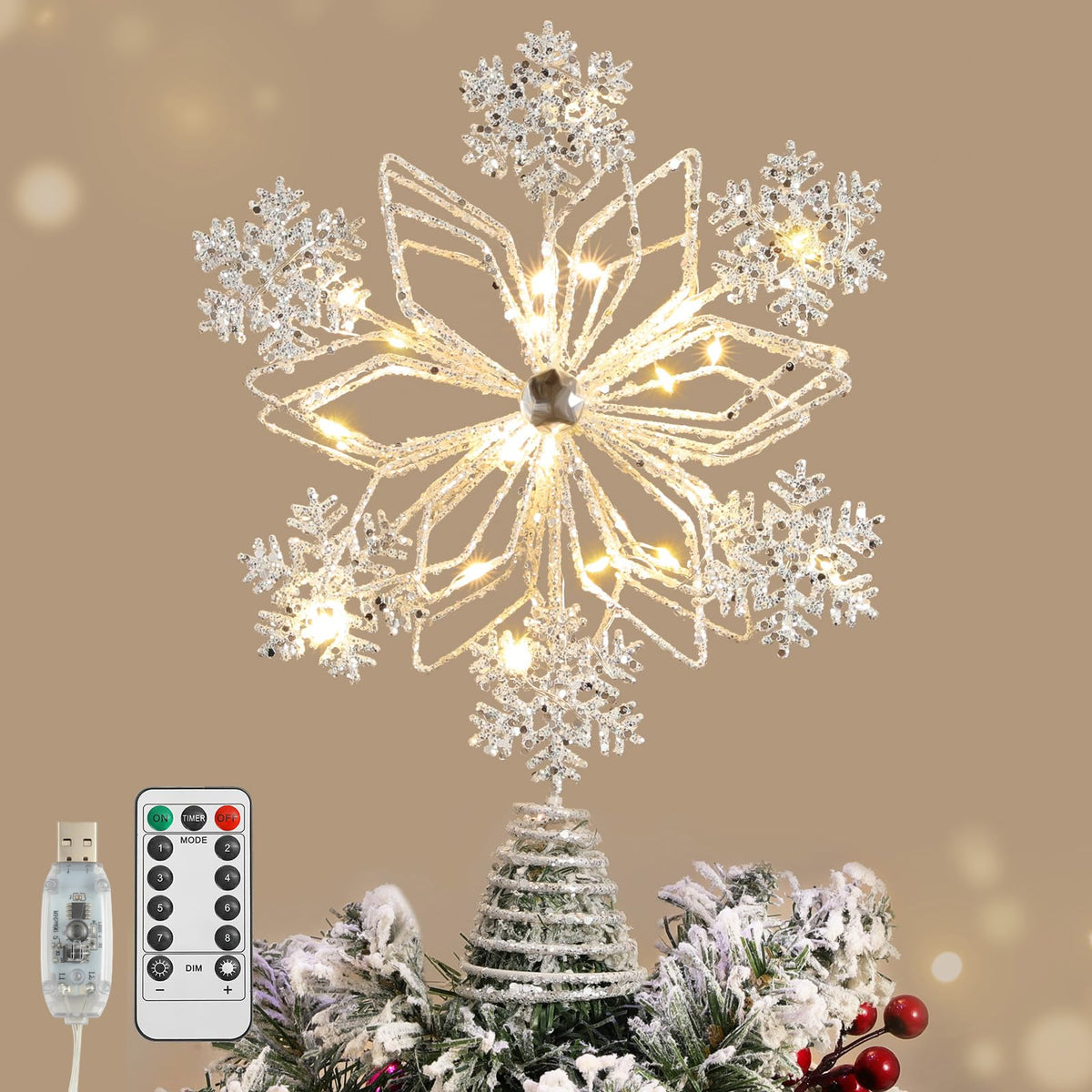 Lewondr Crystal Firework Christmas Tree Topper with Lights, Gold