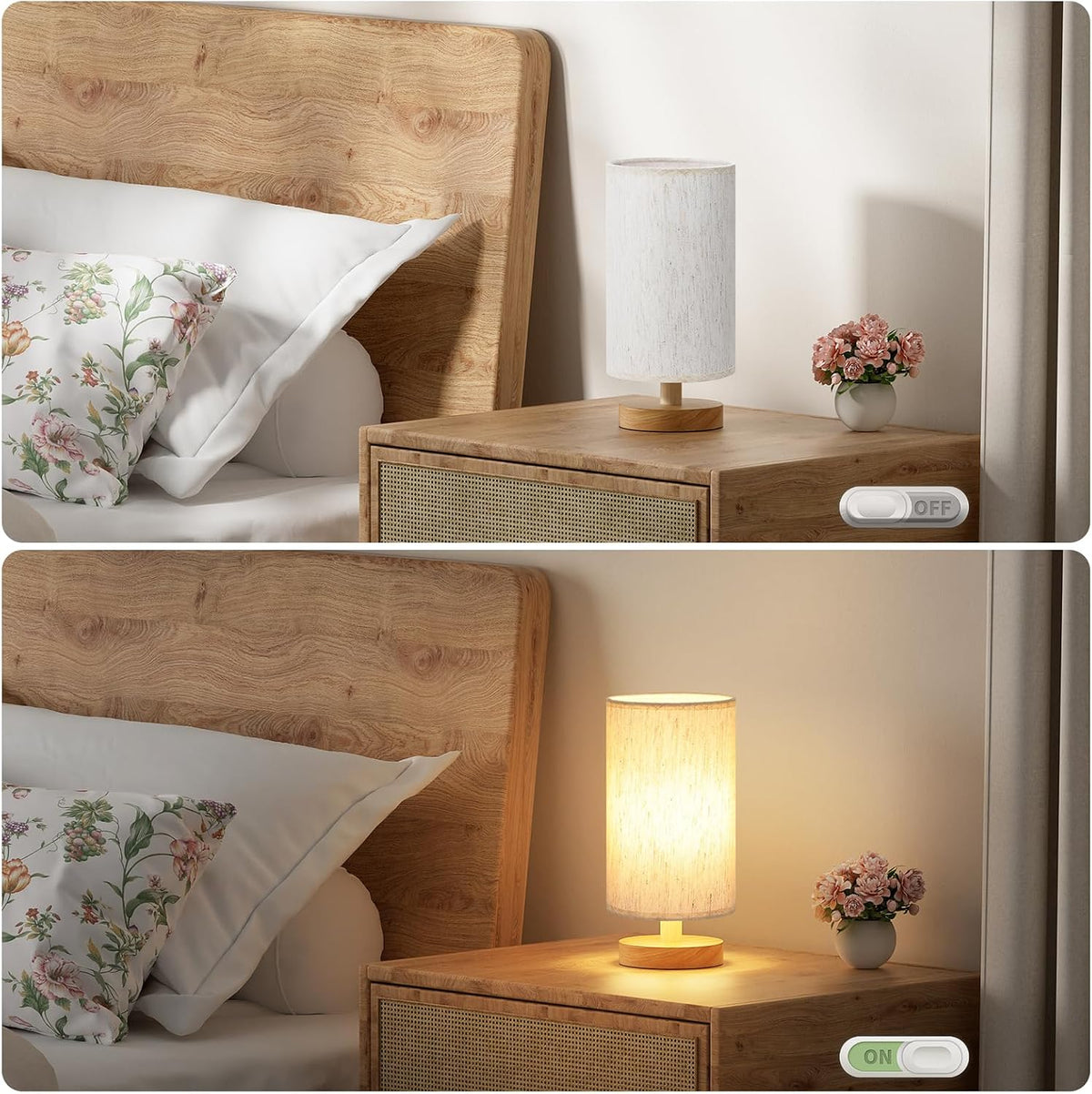 9" Small Table Lamp for Bedroom - Inline Control with 3000K Blub | Cream Shade and Wood Base | 680 Lumens | Easy Assembly | Minimalist Design | E26 | for Kitchen | for Kids Room