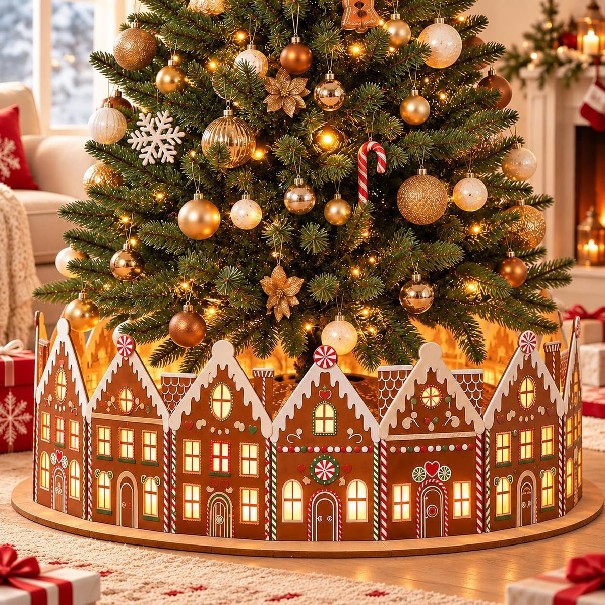30 Inch Wooden Gingerbread House Christmas Tree Collar with Lights