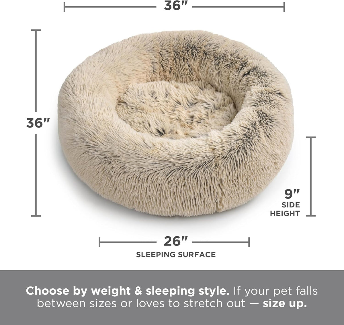 Best Friends by Sheri The Original Calming Donut Dog Bed for Large Dogs up to 100 lbs, Shag Faux Fur, Taupe, Large, 36" x 36"