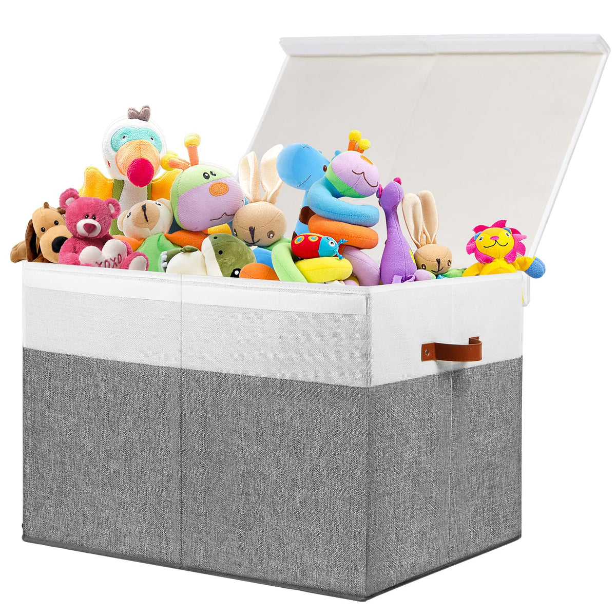 Large Toy Storage Box with Lid, Toy Chest Bin Boxes Basket with Dividers | Sturdy Toy Organizer Bin for Kids, Boys, Girls, Nursery, Living Room, Bedroom, Playroom 25"x13" x16" (Beige and White)