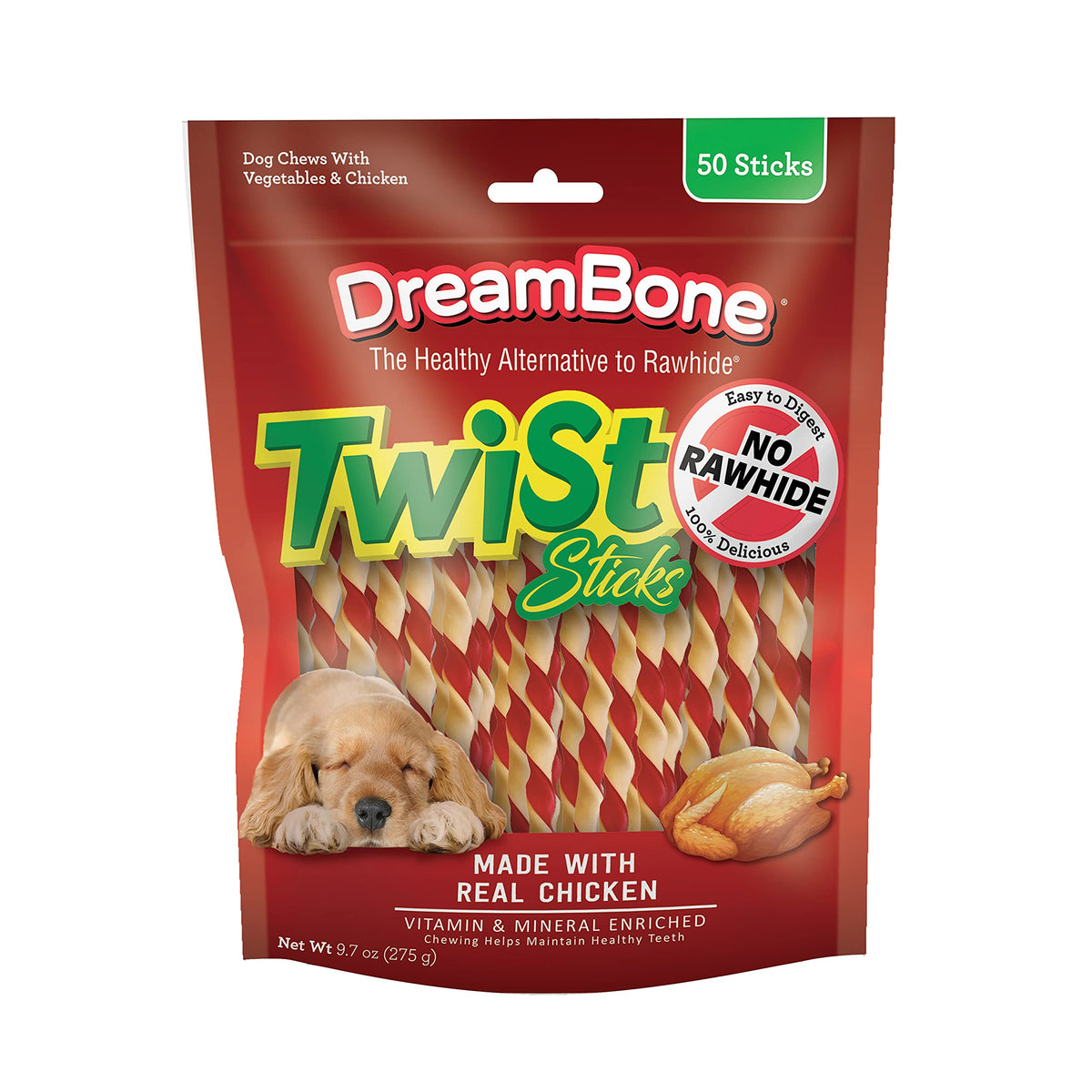 DreamBone Chicken Wrapped Twist Stick Dog Treats, Daily Rawhide-Free Chew, Digests Safely and Completely, With Real Protein, Chicken and Veggies, 50 count
