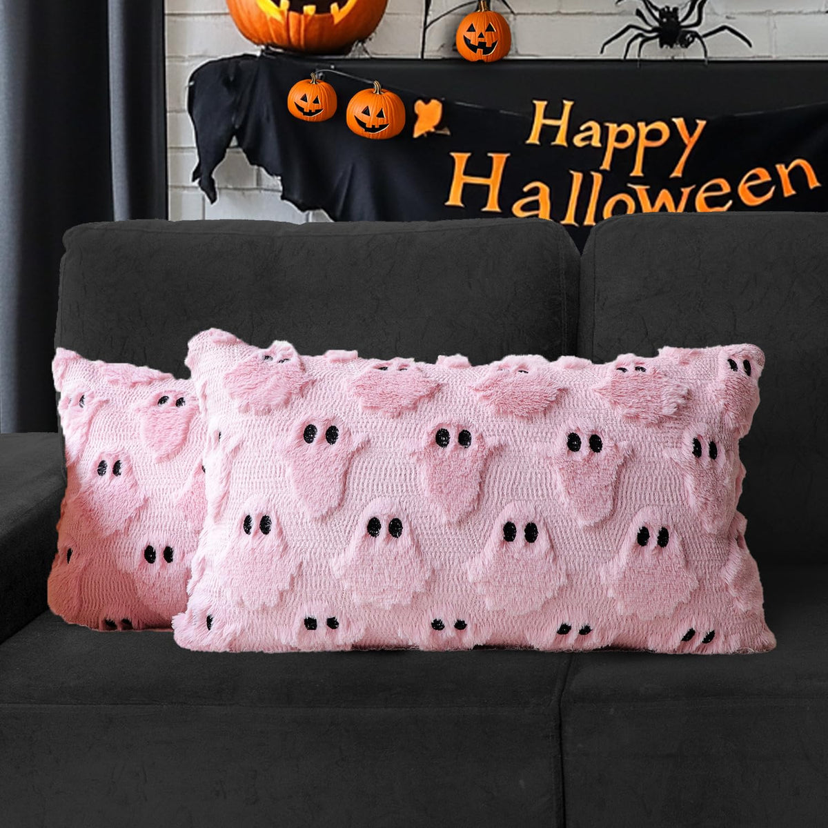 Halloween Ghost Decorative Pillow Covers 18x18 Set of 2, Beige Soft Plush Faux Fur Farmhouse Throw Cushion Cases for Fall Holiday Home Decorations
