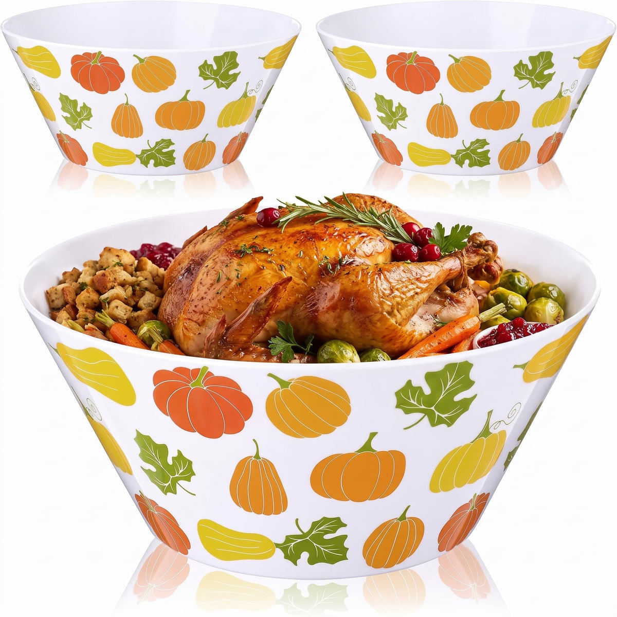 3 Pcs 10" Thanksgiving Serving Bowls, Turkey Print