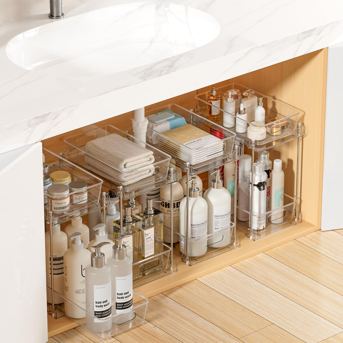Vtopmart 4 Pack Pull Out Bathroom Under Sink Organizer (S-Standard) | Slide-out drawers, Multi-purpose storage, Clear visibility, Easy Set-up