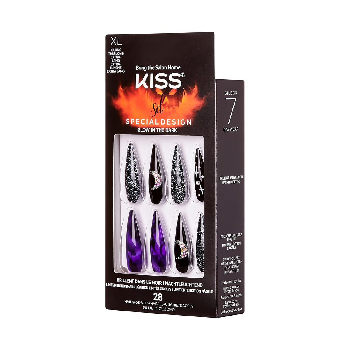 KISS Special Design Halloween Fake Nails, Glow-In-The-Dark, Style ‘Trick or Treat’, with Pink Gel Nail Glue, Mini Nail File, Manicure Stick, & 28 False Nails