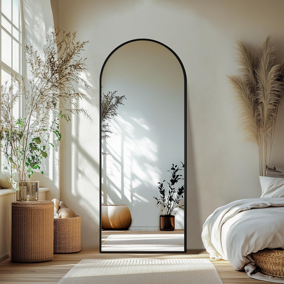 Arched Full Length Mirror with Stand, Black Floor Mirror | Aluminium alloy frame with HD float glass for distortion-free reflection. Free standing or wall mounted.
