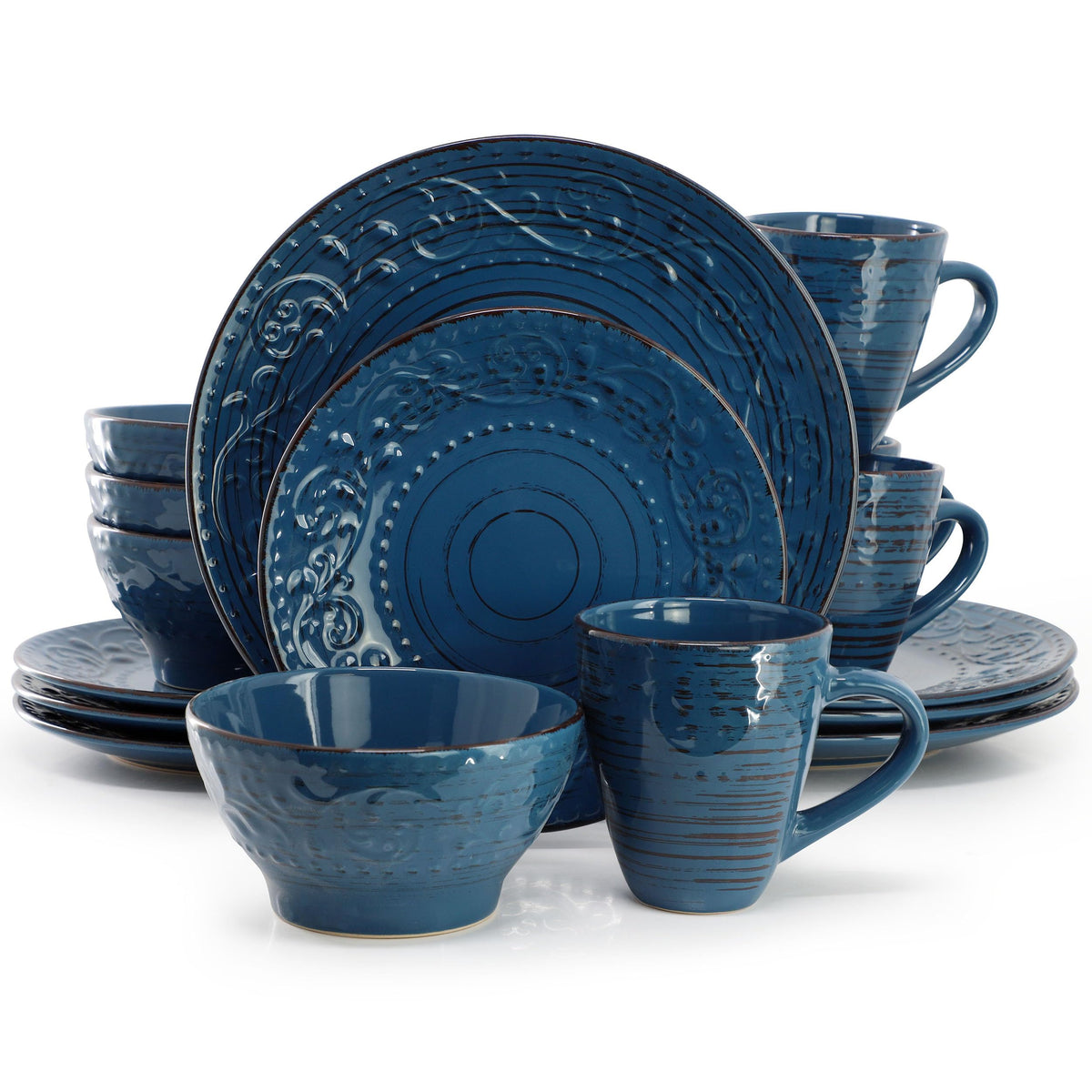 Elama Malibu Jasper 16-Piece Stoneware Embossed Pattern Reactive Glaze Orange Dinnerware Set, Tableware, Serveware Set (Jasper Orange)