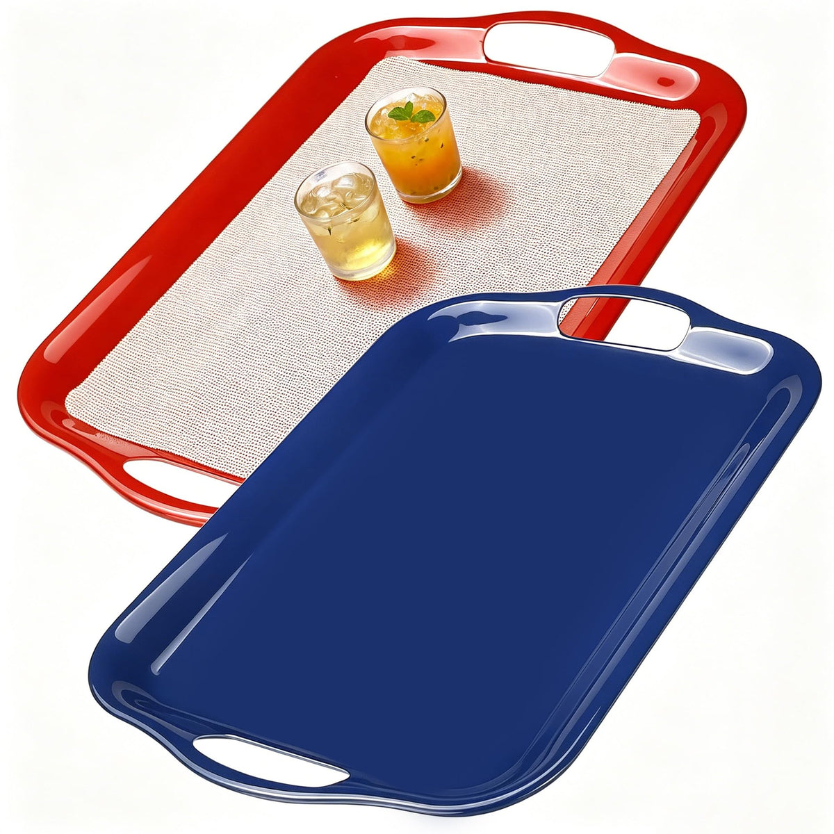 Thanksgiving Serving Trays with Handles, 19 x 11.6 Inch, Set of 2, Bamboo Fiber Serving Platter, Dishwasher Safe, with Removable Silicone Mats, Turkey and Fall Plaid