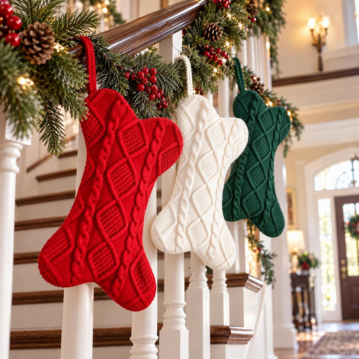 Dog Christmas Stocking, Bone‑Shape Cable Knit Pet Xmas Stocking, 3 Pack