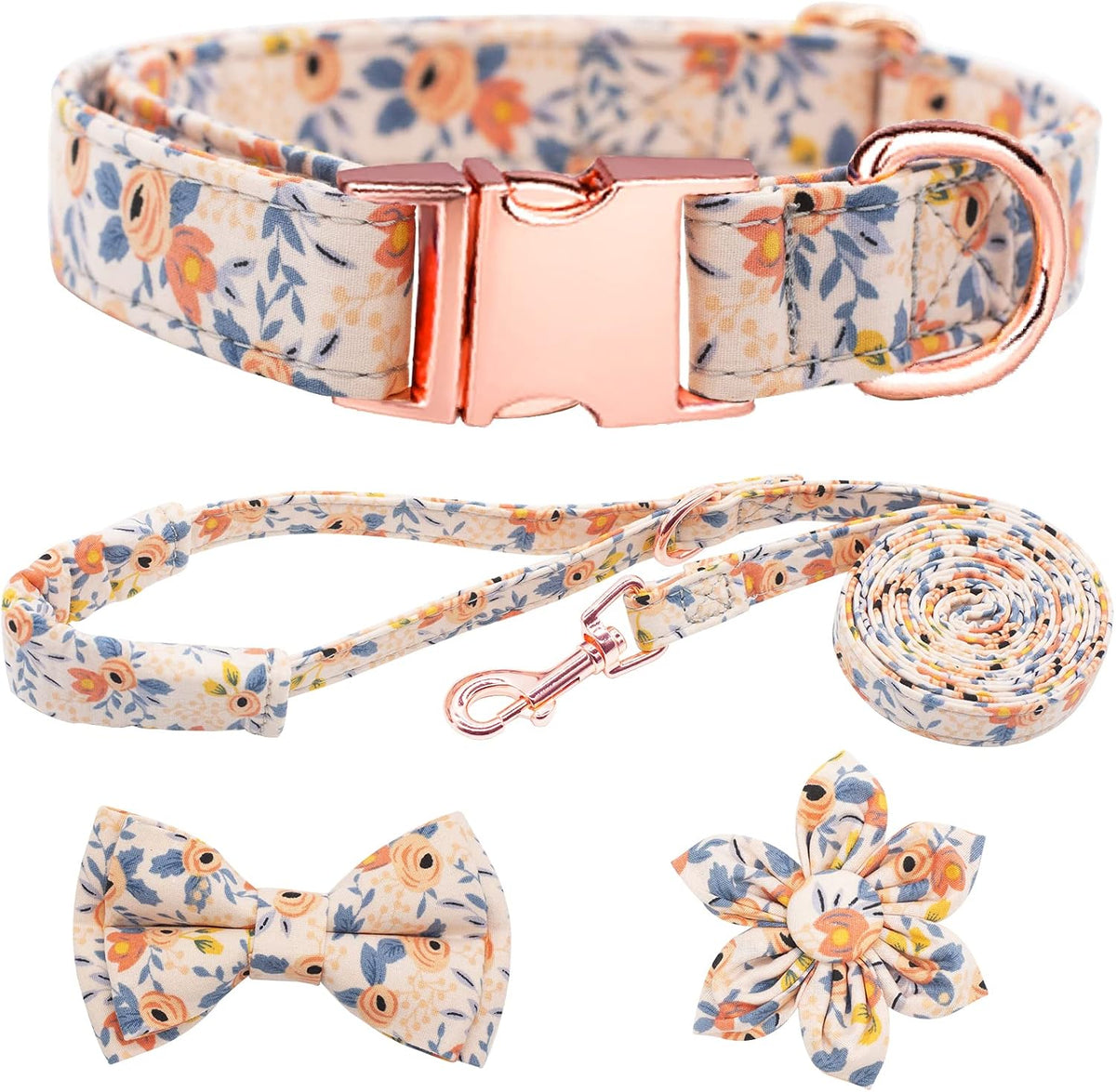 Dog Collar and Leash Set Girls Adjustable Puppy Collars with Floral Bow Tie for Small Medium Large Female Dogs, Orange Flower, XS