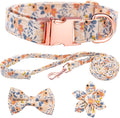 Dog Collar and Leash Set Girls Adjustable Puppy Collars with Floral Bow Tie for Small Medium Large Female Dogs, Orange Flower, XS