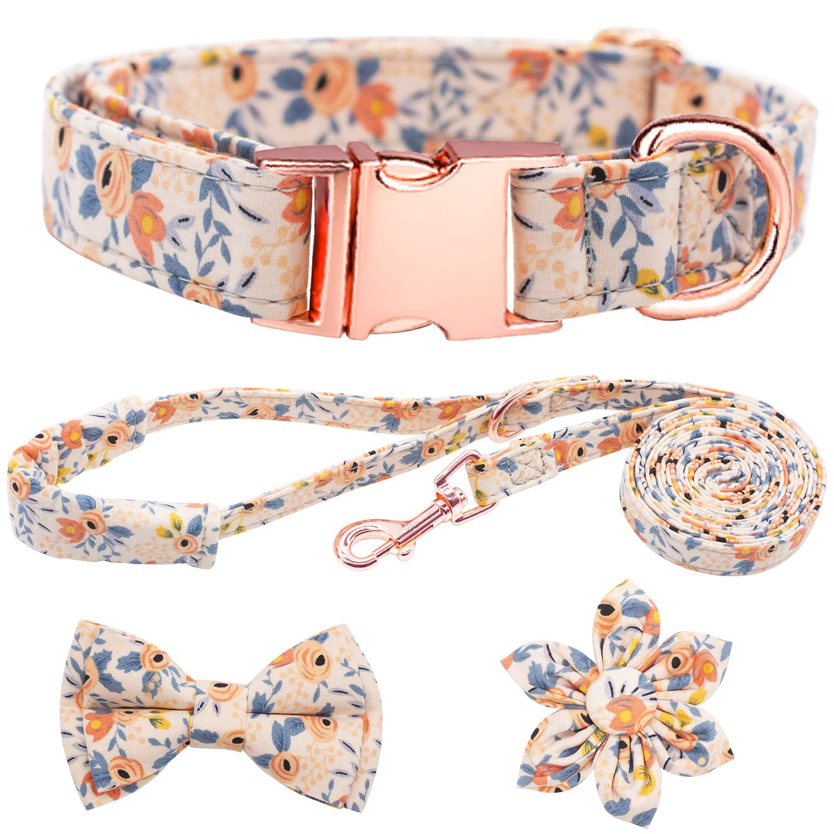 Dog Collar and Leash Set Girls Adjustable Puppy Collars with Floral Bow Tie for Small Medium Large Female Dogs, Orange Flower, XS