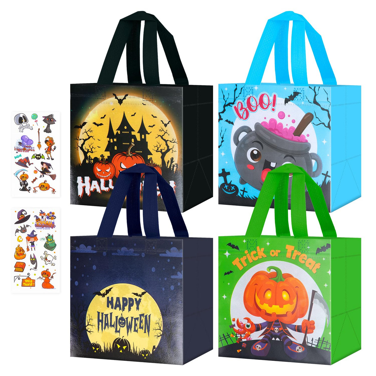 Lyforpyton 4Pcs Halloween Goodie Bags, Small Non-Woven Gift Bag with Handles, Suitable for Halloween Trick or Treat Party, 9"x8.6"x4.3"
