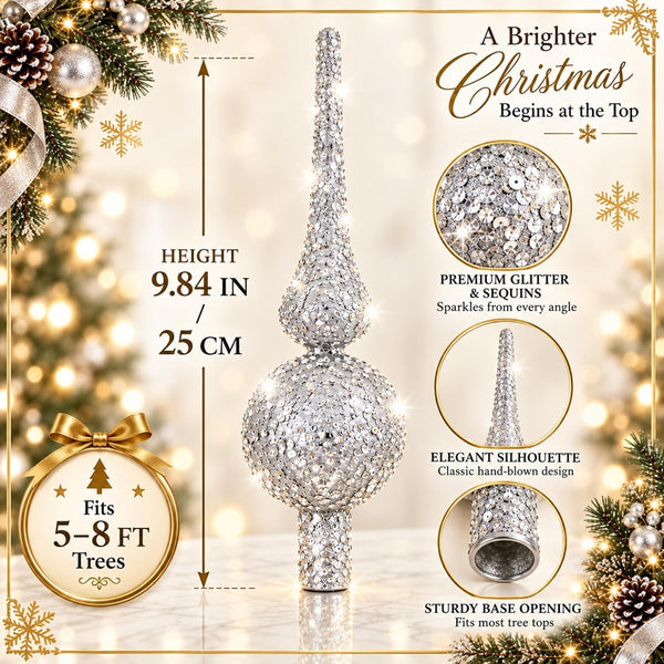 10'' Vintage Christmas Silver Tree Topper Glitter Glass Finial Decor