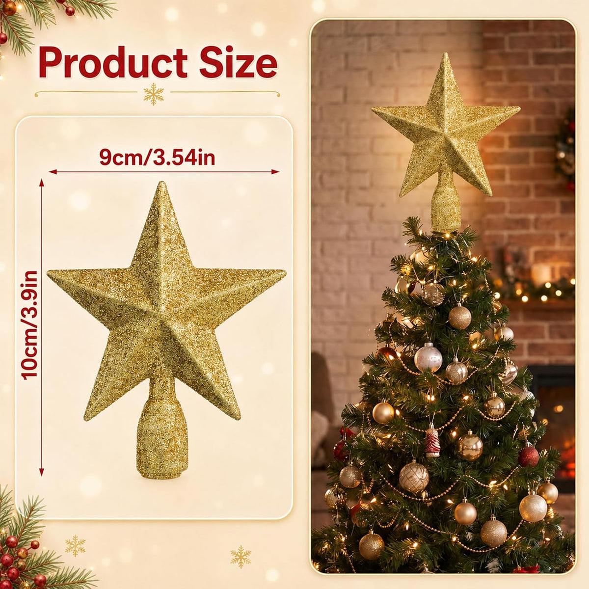 Christmas Tree Star Topper, 4 Inch Glitter Gold Star Mini Tree Topper
