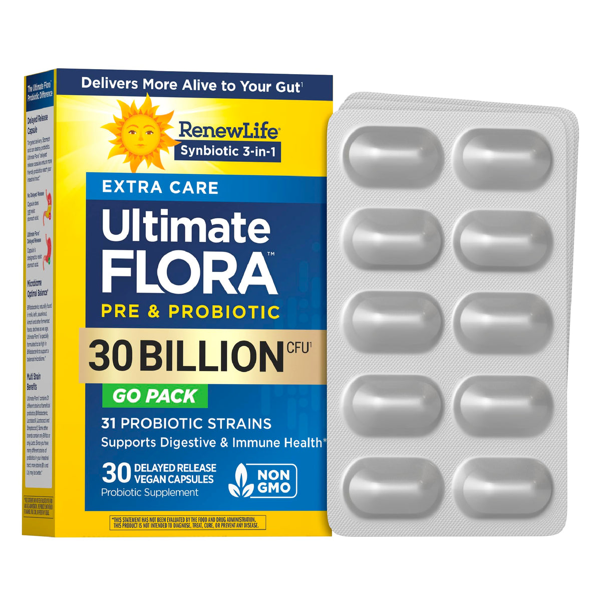 Renew Life Extra Care Digestive Probiotic Capsules, Daily Supplement Supports Immune, Digestive and Respiratory Health, L. Rhamnosus GG, Dairy, Soy and gluten-free, 30 Billion CFU, 30 Count
