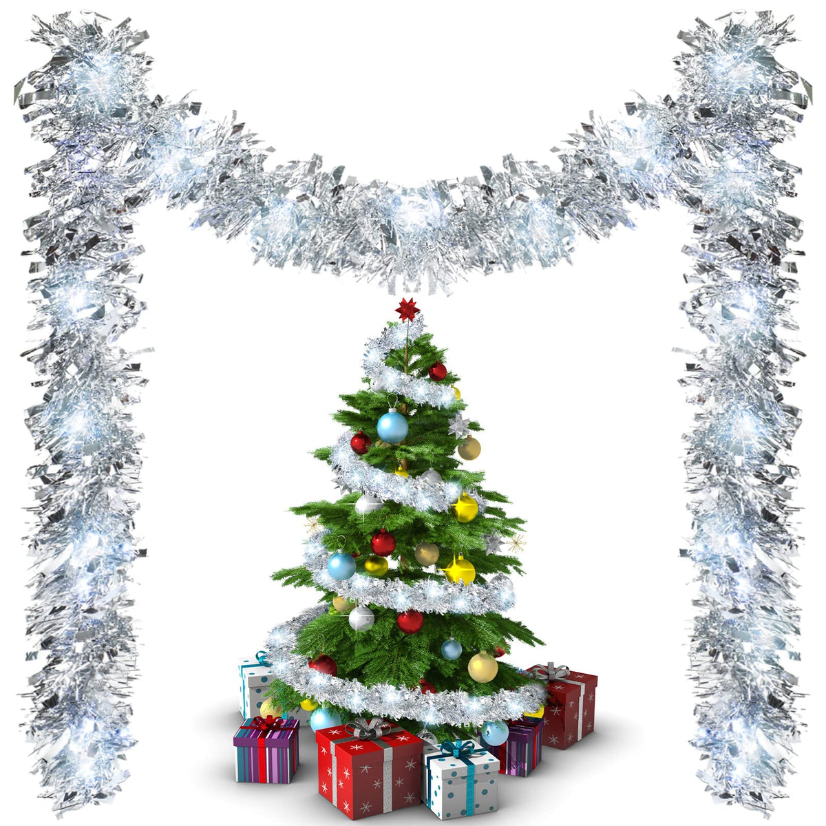 16.4 ft Christmas Tinsel Garland with Light, Multicolor, Red and Green