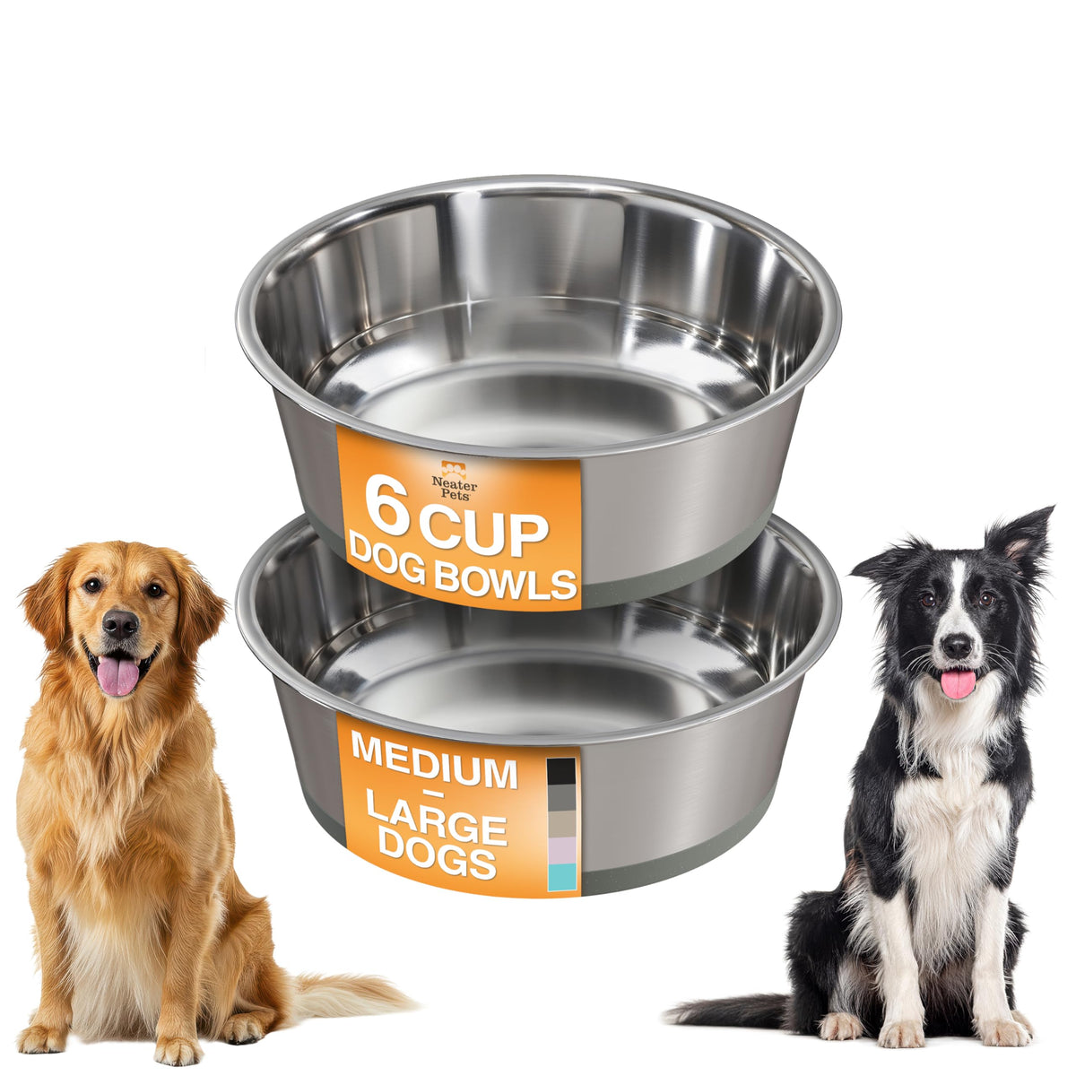 Neater Pet Brands Stainless Steel Dog Bowls with Non-Slip Rubber Bottom – Set of 2, 6 Cup (48 oz), Black - Heavy Duty Metal Dog Bowl, Dishwasher Safe, Food or Water Bowl, Ideal for Large Dogs