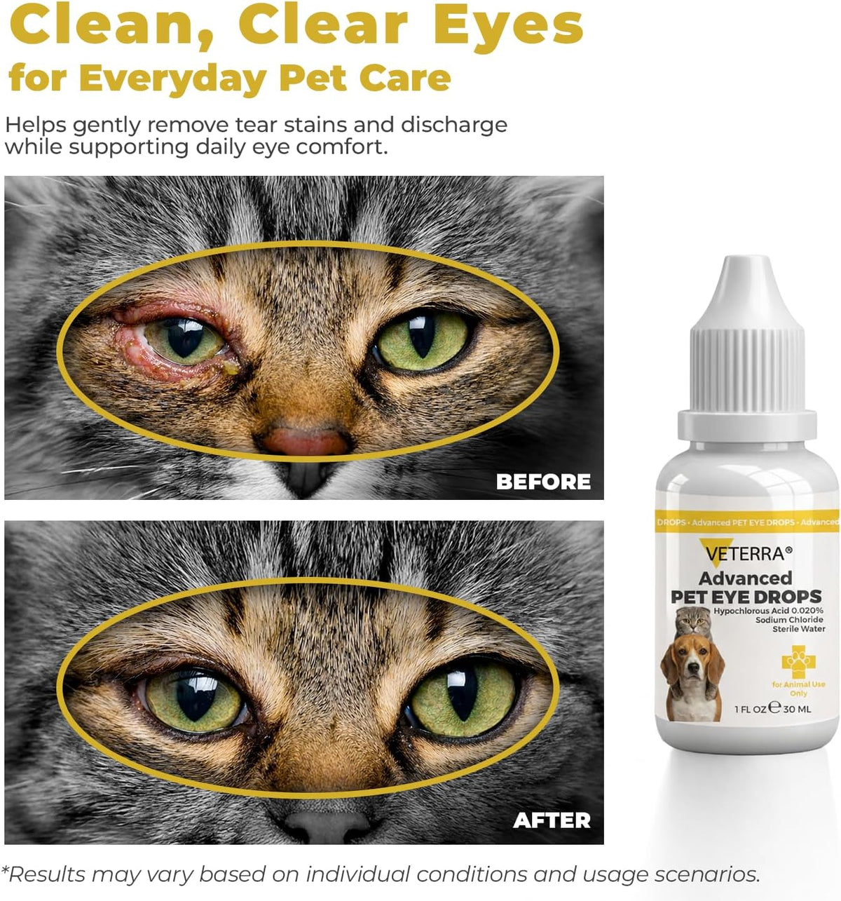 Dog and Cat Eye Care Solution for Dog & Cat – Vet Recommended Eye Cleaner, Helps Remove Eye Discharge & Tear Stains, Supports Eye Hygiene, Gentle Daily Use Eye Wash - 1 Oz 30 Ml
