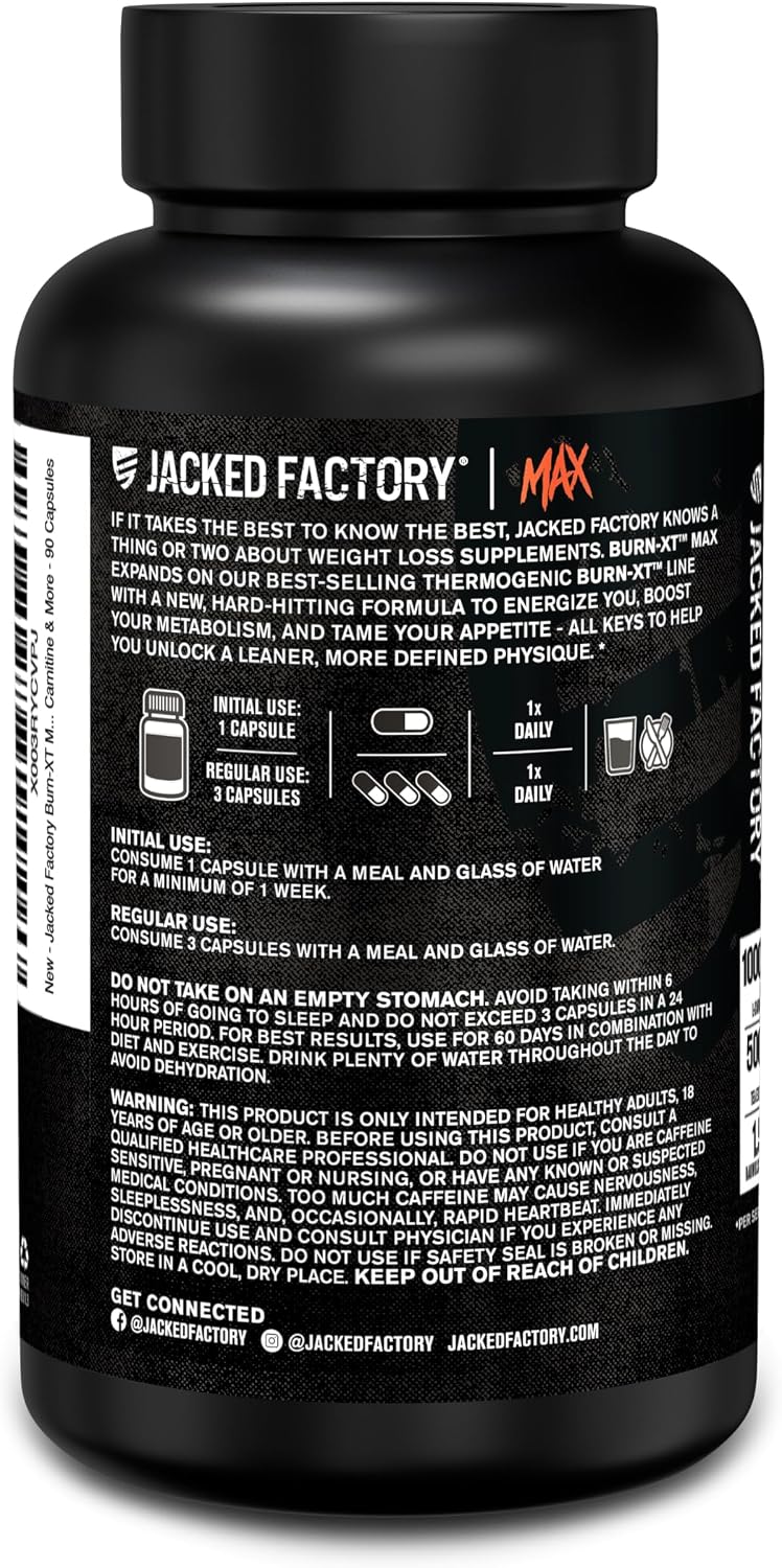 Jacked Factory Burn-XT Max - High-Performance Thermogenic Fat Burner & Appetite Suppressant for Weight Loss w/PurCaf Organic Caffeine, MitoBurn, Green Tea, Acetyl L Carnitine & More - 90 Capsules