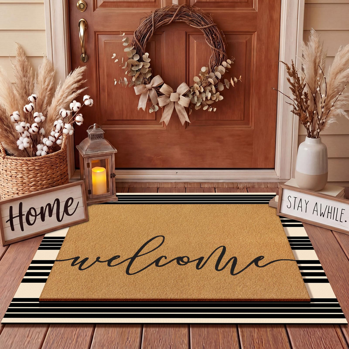 Tinideya 2 23.6 X 35.4 Inches Plaid Ghost Red Brown | Layered Coir Doormat Set, Non Slip Backing for Outdoor Entryway, Buffalo Plaid Seasonal Design, Front Porch Home Decor