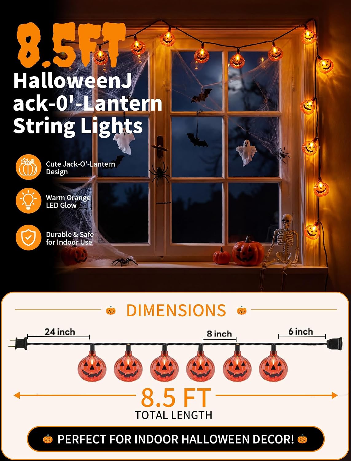 8.5FT Pumpkin String Lights with 10 Bulbs for Halloween Outdoor Decor Party