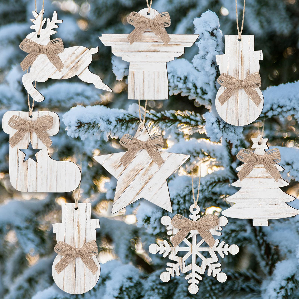 8 Pcs Rustic Christmas Tree Ornaments, Farmhouse Wooden Christmas Ornament