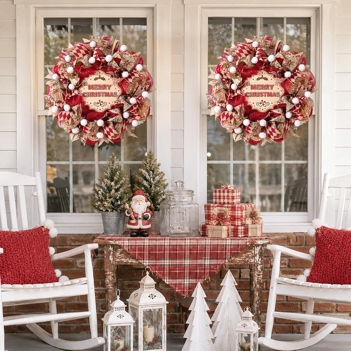 Christmas Wreath for Front Door, Mesh Wreath with Red Gold Ribbon