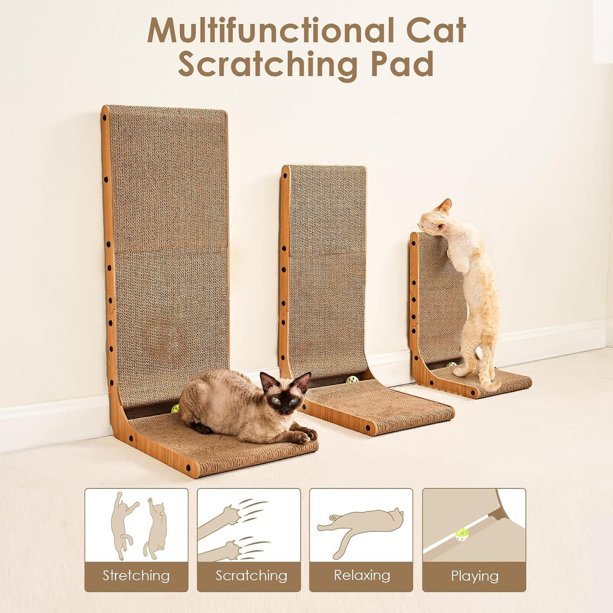 EHEYCIGA Cardboard Cat Scratcher for Indoor Kitten Cats, 19 Inch L Shaped Vertical Cat Scratching Board with Ball Cat Toy, Small Cat Scratcher Pad, Brown