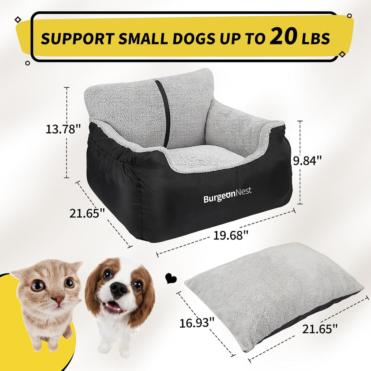 BurgeonNest Dog Car Seat for Small Dogs & Cats Under 25 lbs,Black