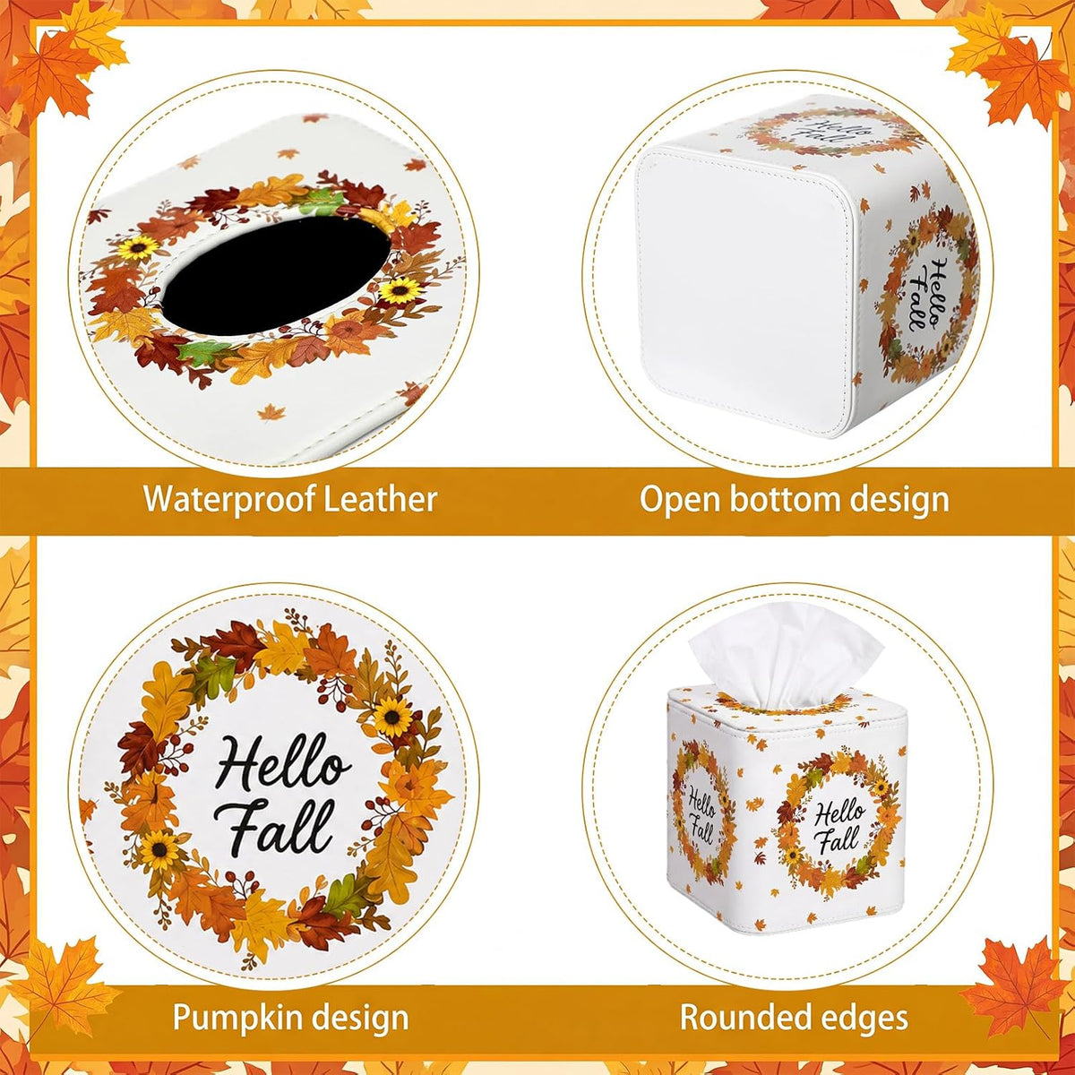 Thyle 2 Pcs Fall Tissue Box Cover Square, Pumpkin PU Leather Tissue Holder