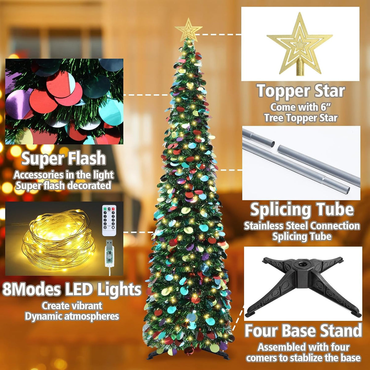 HMASYO 6 FT Pop Up Christmas Tree with 100 LED Timer Lights & Remote, Green Christmas Tinsel Tree, Collapsible Artificial Pencil Tree for Home Office Party Decor, USB Powered, Easy Assembly