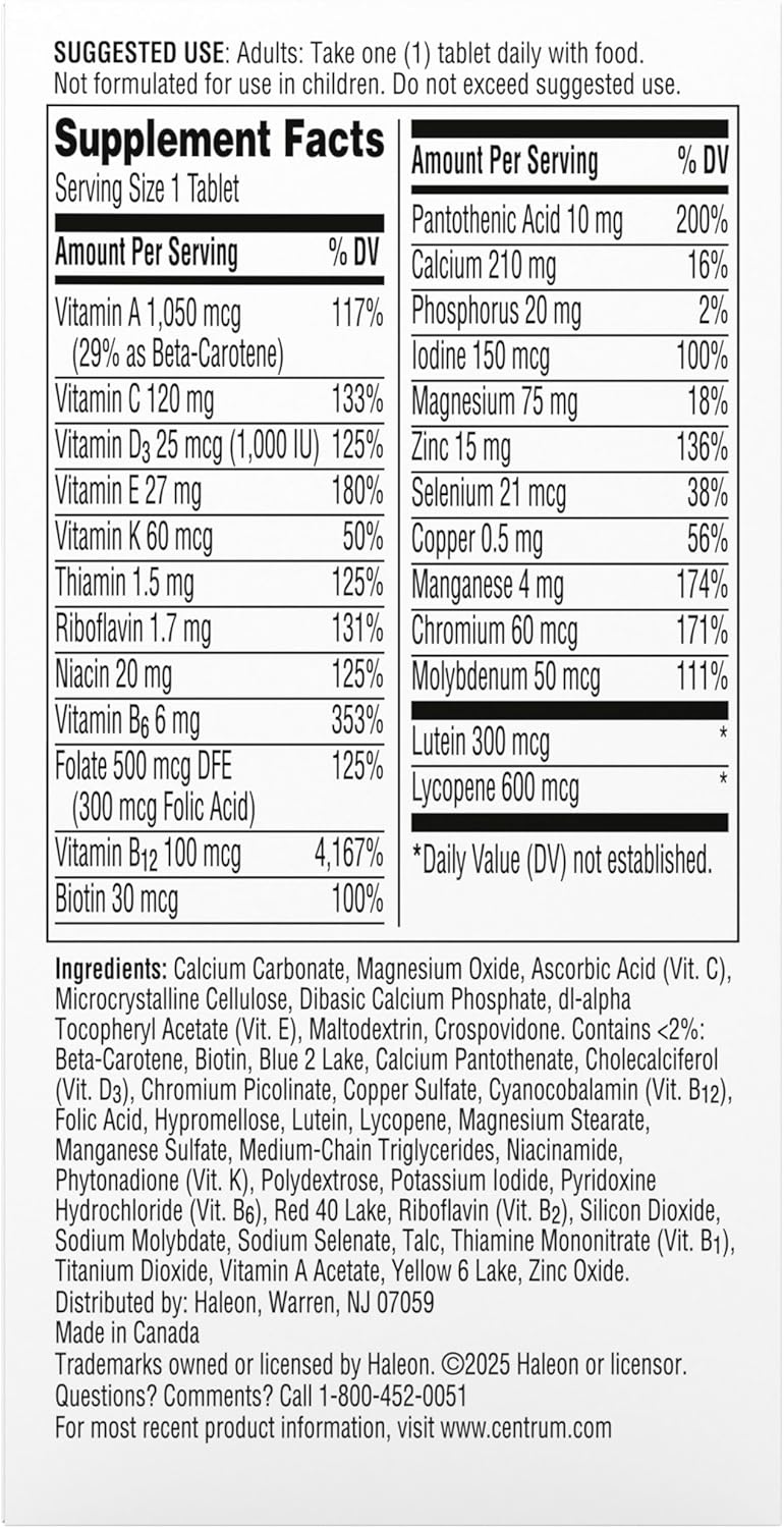 Centrum Silver Multivitamin for Men 50 Plus, Multimineral Supplement, Vitamin D3, B-Vitamins and Zinc, Gluten Free, Non-GMO Ingredients, Supports Memory and Cognition in Older Adults - 100 Ct