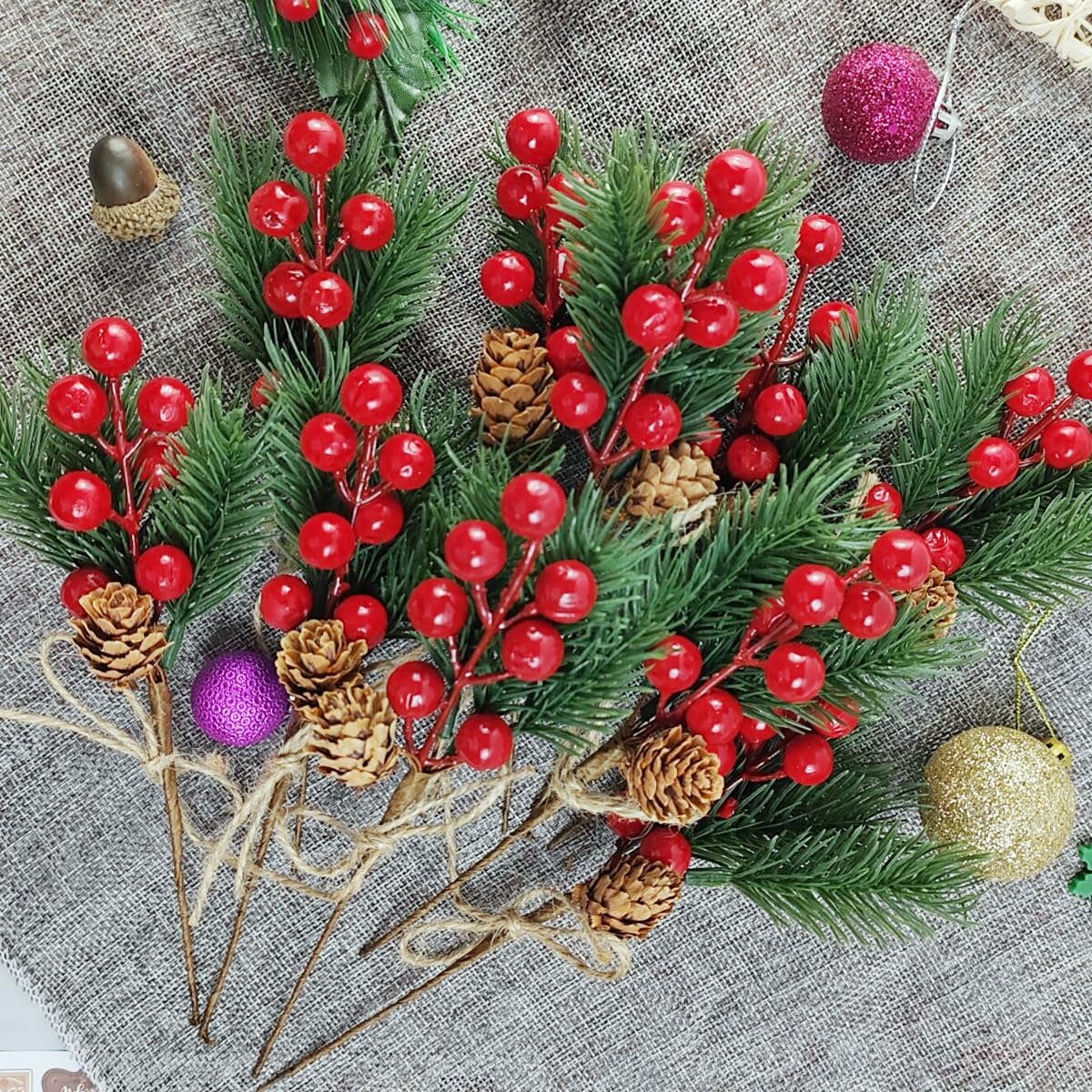 20PCS 8inch Pine Cone Red Berry Picks Stems Crafts Branch Christmas Wreath, Holly Artificial Evergreen Branches Tiny Pine Cones Picks Décor Floral Picks for Christmas Flower Wreaths DIY