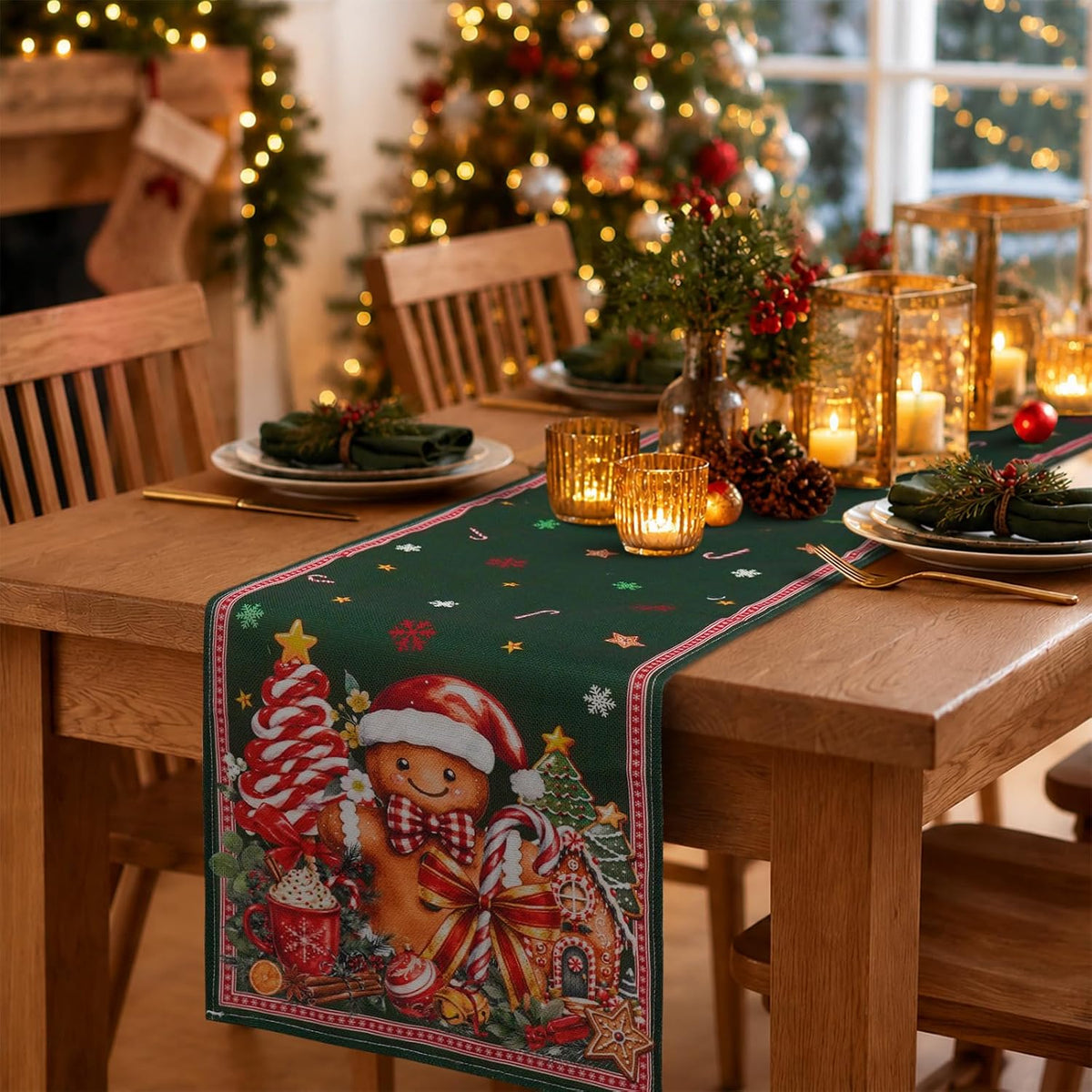 Christmas Table Runner 13 x 72 Inch Green Gingerbread Candy Cane Table Runners for Xmas Dinning Table Decorations