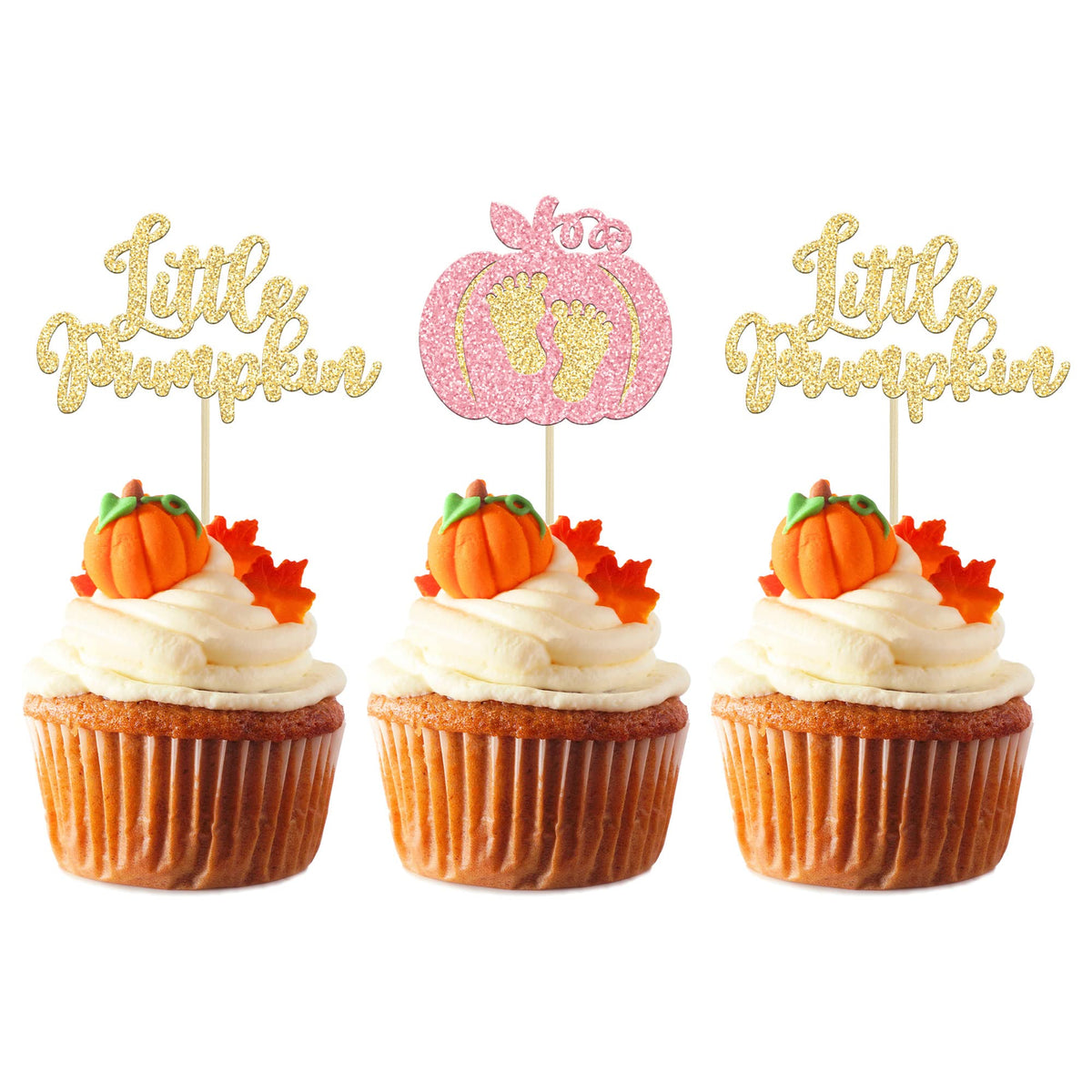 24pc Little Pumpkin Cupcake Toppers - Glitter Pumpkin Cupcake Picks - Baby Shower Decorations - Fall Harvest Theme - Kids Birthday Party Supplies