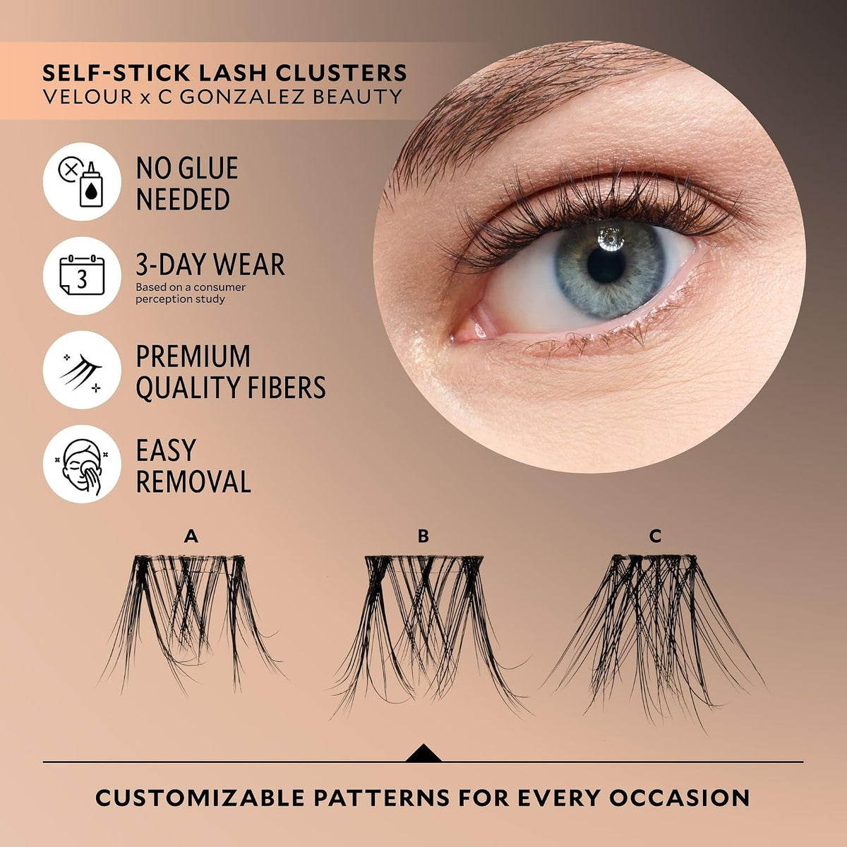 Velour x CGonzalez Beauty Self-Stick Lash Clusters, Self Adhesive Eyelashes, 18 Eyelash Clusters