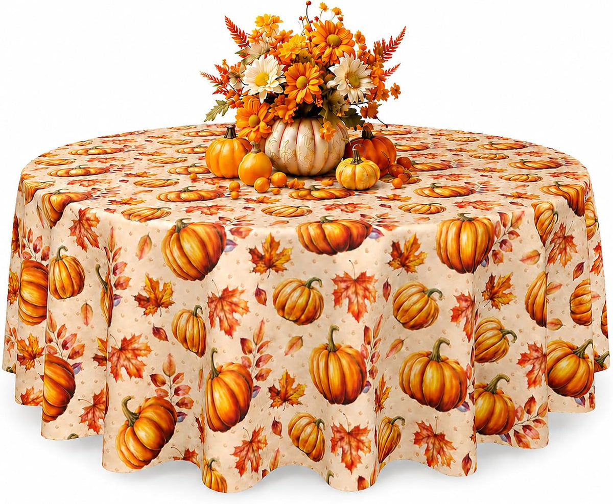 Fall Tablecloth Round 60 Inch Pumpkin Maple Leaf Thanksgiving Table Cloth